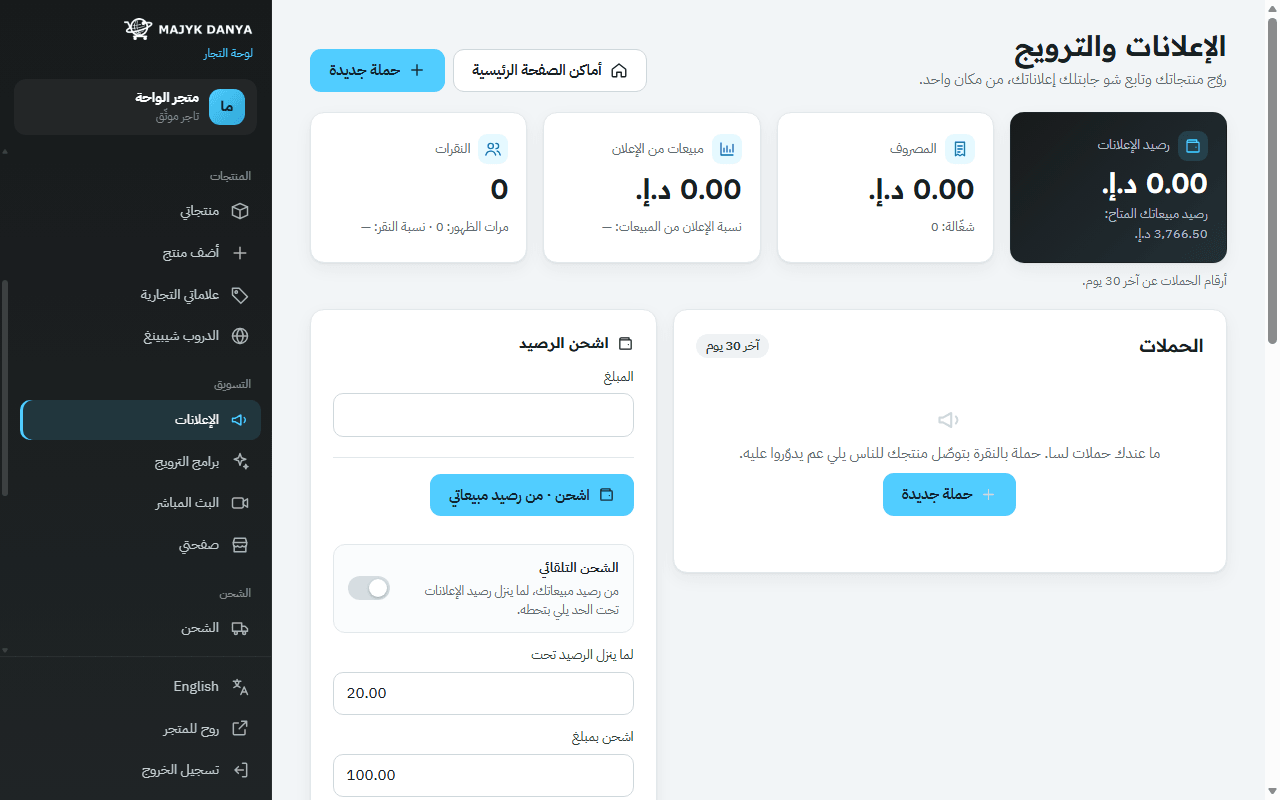 صفحة «الإعلانات»: رصيد الإعلانات والحملات ونتائجها