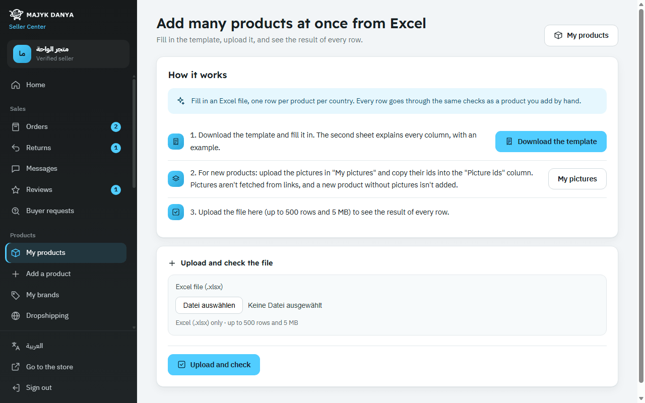 The Excel upload page: download the template, upload the file and see each row's result